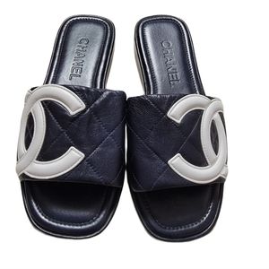 RARE Chanel Rue Cambon Quilted Logo Leather Slides Sandals 37 Navy Blue